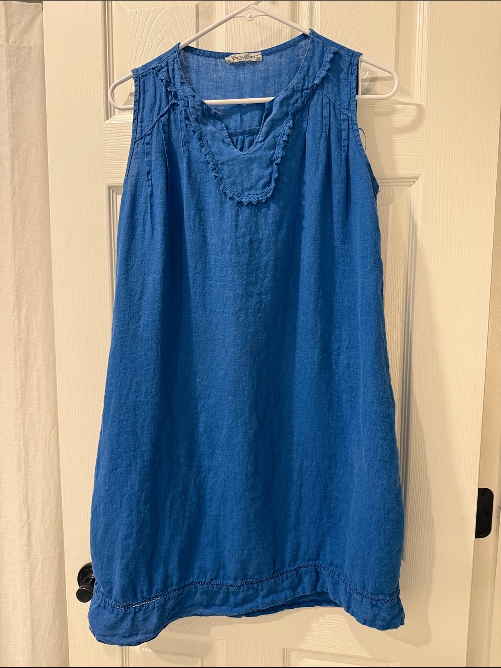 Sleeveless Royal Blue Linen Mini Sundress with Ruffle Trim XS